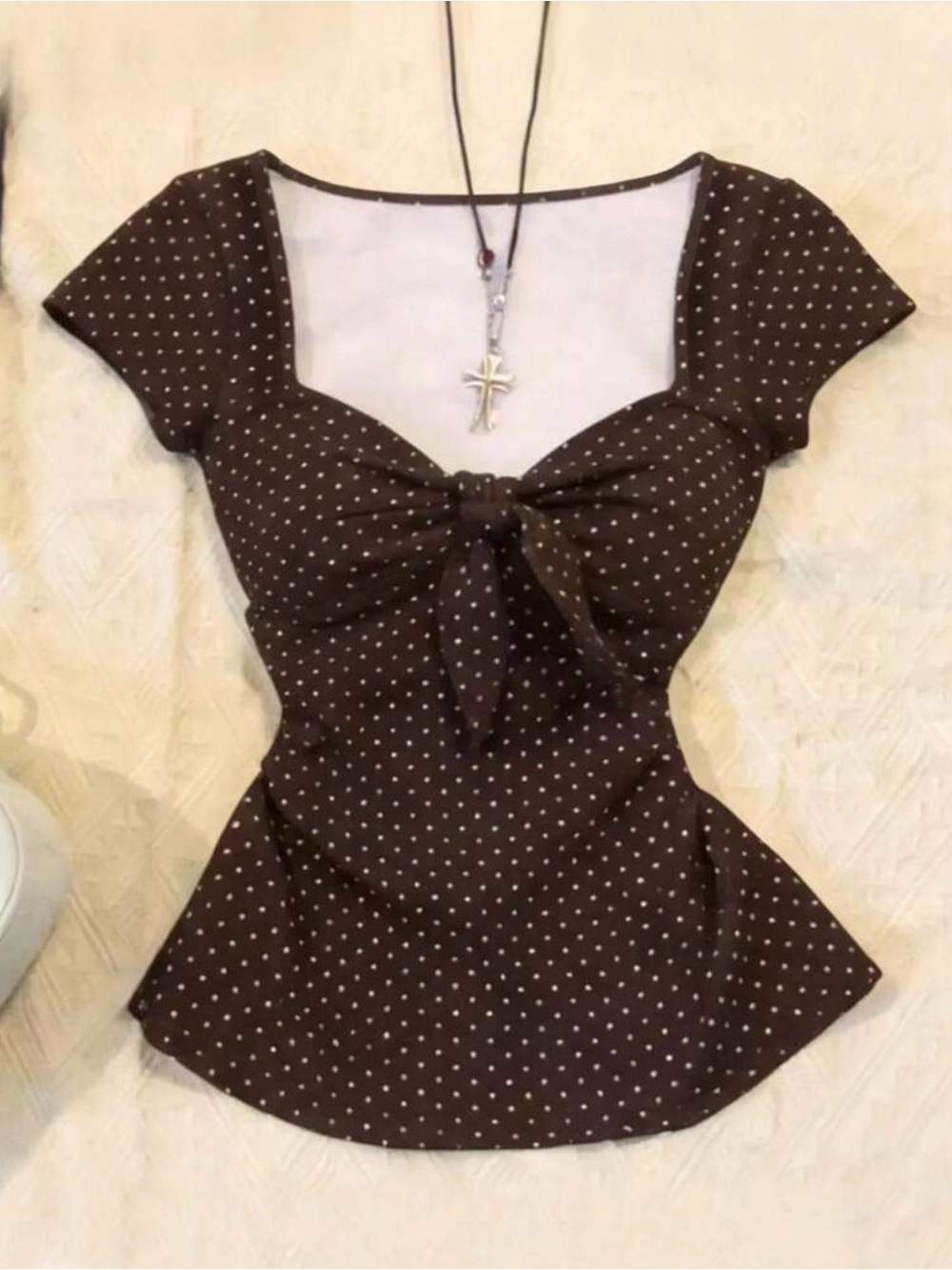 SHEIN Brown Polka Dot Tie-Front Square Neck Top